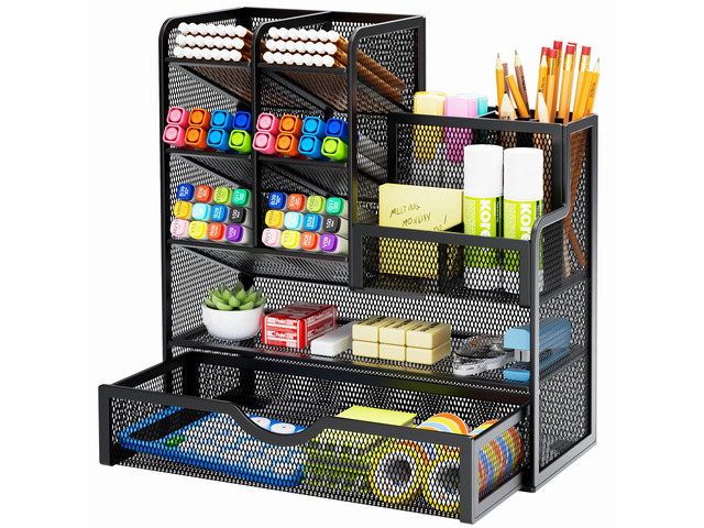 Mesh Pen Holder for Desk, Multi-Functional Pencil Organizer with Drawer, Desk Organizers and Accessories for Office Art Supplies (Black)