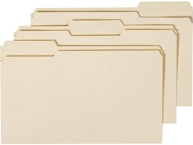 3-Tab File Folder, Legal Size, Manila, 100/Box, 5-Box Carton Assorted tab positions in durable paper stock for document filing