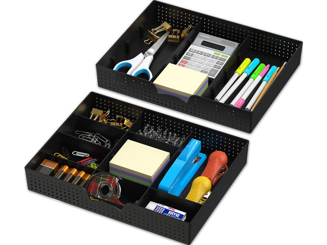 Drawer Organizer Tray, 9 Compartments, 2-Pack, Black Adjustable Compartments For Office, Makeup, and Craft Drawer or Desktop Storage
