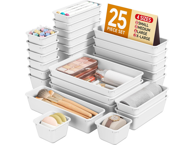 25 PCS Plastic Drawer Organizers Set, 4 Sizes Vanity Organizer, Makeup and Desk Drawer Organizer Trays, Organization and Storage for Makeup,...
