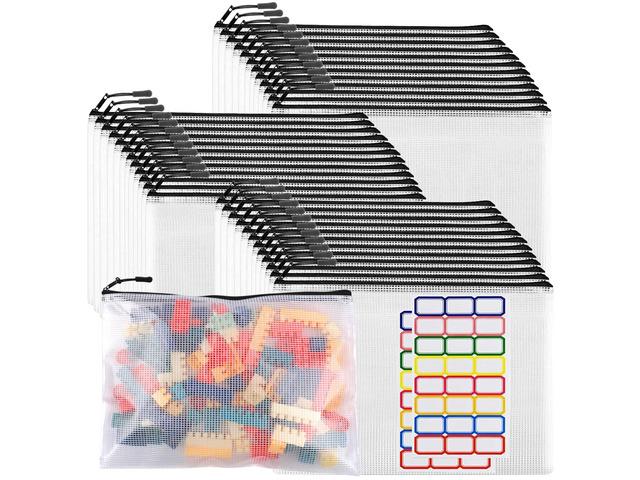 36pcs Large Mesh Zipper Pouch File Bags Reusable Zippered Pouches for Organizing Classroom, Board Game Storage, Puzzle Bags Black