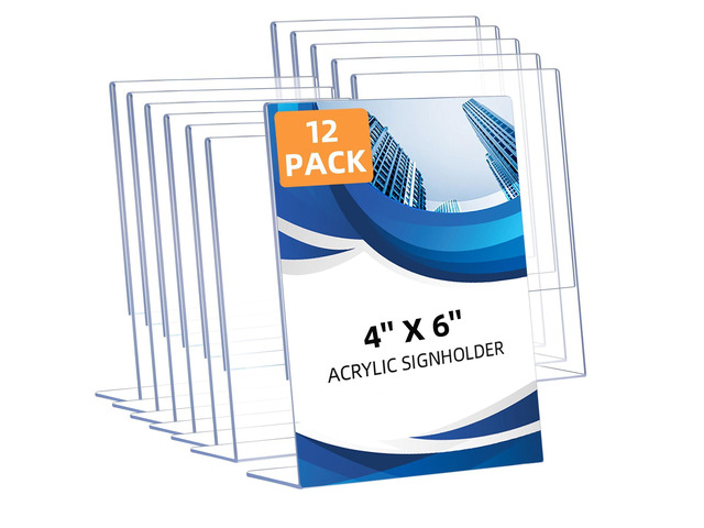 12 Pack Slanted Back Acrylic Sign Holders 4x6 for Business & Store, Tabletop Vertical Sign Holder with Anti-Slip Pads Clear Display Stand, for...
