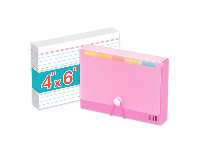 4x6 Index Card Case with 100 Ruled Index Cards and Dividers, Pink Plastic Case, Heavyweight Index Cards, Colored Dividers