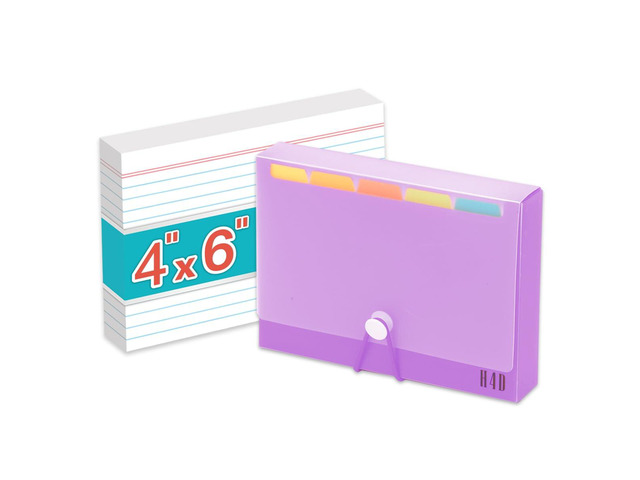 4x6 Index Card Case with 100 Ruled Index Cards and Dividers, Purple Plastic Case, Heavyweight Index Cards, Colored Dividers