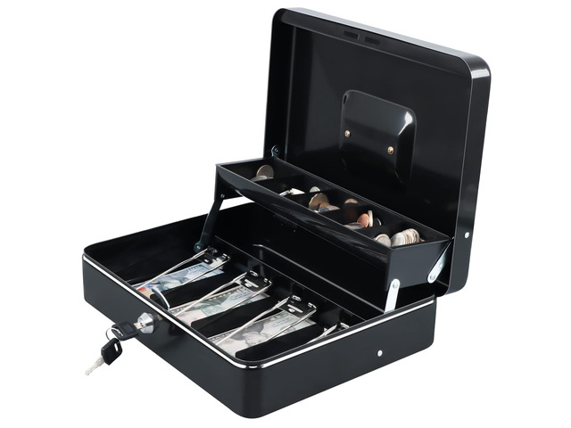 Cash Box with Key Lock, Metal Money Box, Safe Storage box, Black Cash Box with Money Tray and Key Lock,Tiered, Cantilever Design,4 Bill / 5 Coin...