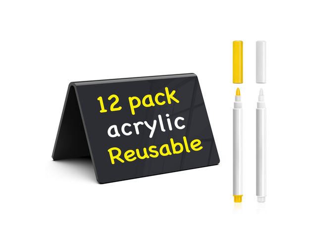 Acrylic Mini Chalkboard Signs, 12 Pcs 4'x3' Small Food Labels for Party Buffet, Glossy Black Table Place Cards for Wedding, w/ 2 Wet Erase Markers