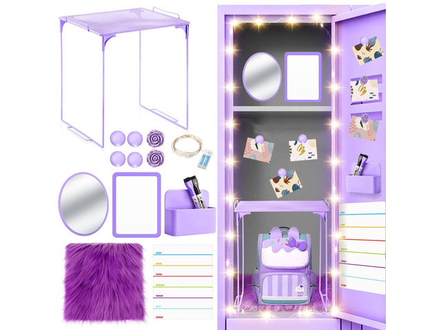 11 Pcs Back to School Locker Accessories Kit, Purple, Classic Locker Shelf Magnetic Mirror Rug Weekly Schedule Whiteboard Pen Holder Marker and...