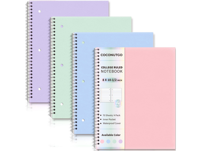 4 Pack Spiral Notebooks, 1 Subject College Ruled, 10.5 x 8 in, 70 Sheets Each, 3-Hole Punched Perforated Pages, Plastic Covers with Pockets, Silver...