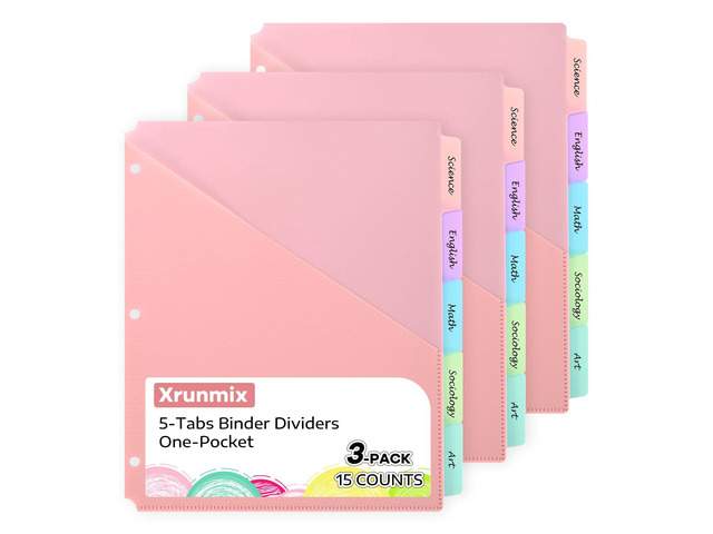 5 Tabs Dividers with Pockets for 3 Ring Binder, 15 Counts Binder Dividers for US Letter Size, Binder Dividers with Tabs for School Office and Home...