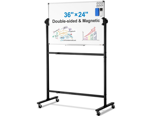 Rolling Magnetic Whiteboard, Double-Sided Mobile Whiteboard 36x24 Inches, 360° Reversible Adjustable Height Dry Erase Board with Wheels & Movable...