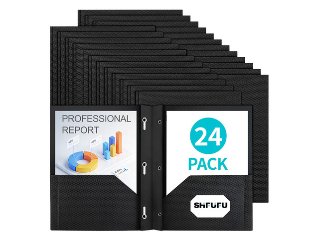 24 Pcs Textured Folders with Pockets and Prongs (Black),Fit Letter Size Paper,Business Card Slot,2-Pocket Folder for School Office or Home,Durable...