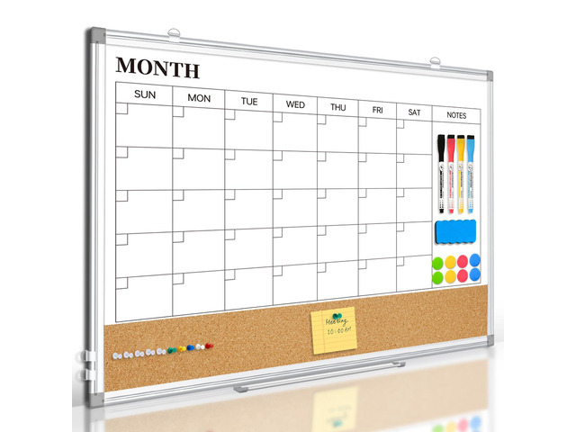 Monthly Dry Erase Calendar Whiteboard with Cork Board, 24' x 18', Silver Magnetic, White Board Cork Board Combo, Double Sided, Wall Mounted,...