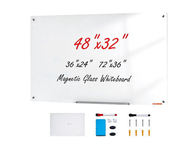 Magnetic Glass Writing Board, Erasable 48'x32', Frameless Wall Hanging White Glassboard, Includes Marker Holder, an Eraser, and 2 Writing Pens, White