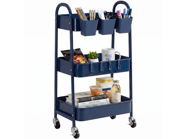 3-Tier Rolling Cart, Utility Cart Mobile Metal Rolling Storage Cart with Lockable Wheels & Hanging Cups & Hooks for Kitchen, Bathroom, Office,...