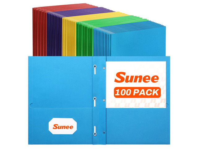 2 Pocket Folders with Prongs (100 Pack, 5 Colors), Paper Folders with 2 Pockets and 3 Prongs Fit Letter Size Paper, Folders with Prongs for School...