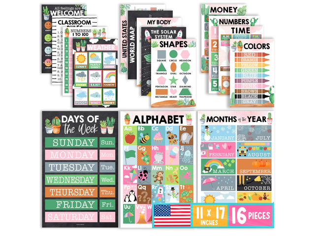 16 Laminated Toddler Learning Posters 1-3 for Preschool Classroom Decor Cactus Learning Posters for Toddlers 1-3, Homeschool Room Decor for Toddler...