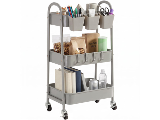 3-Tier Rolling Cart, Metal Rolling Storage Cart with Lockable Wheels & Hanging Cups & Hooks, Mobile Trolley Cart for Kitchen, Bathroom, Office,...