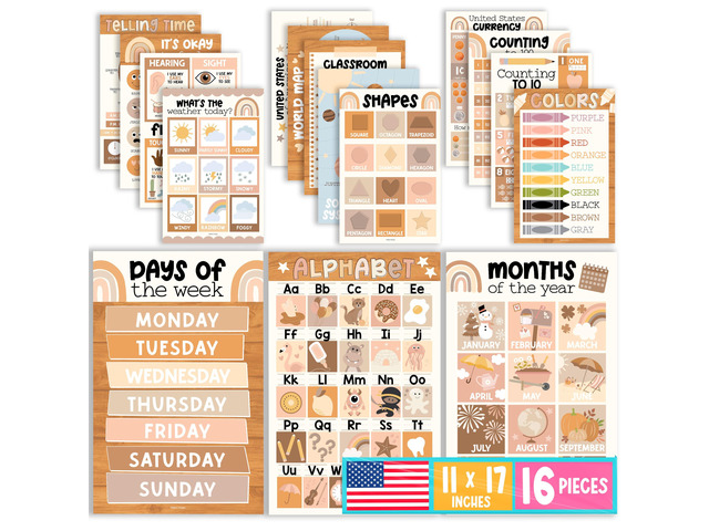 16 Laminated Toddler Learning Posters 1-3 for Preschool Classroom Decor Boho Learning Posters for Toddlers 1-3, Homeschool Room Decor for Toddler...