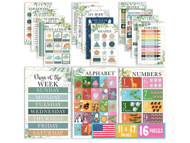 16 Laminated Toddler Learning Posters 1-3 for Preschool Classroom Decor Greenery Learning Posters for Toddlers 1-3,Homeschool Room Decor for...