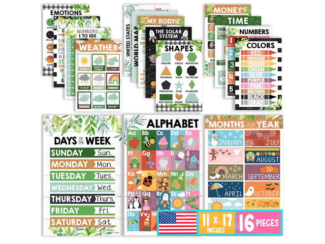 16 Laminated Toddler Learning Posters 1-3 for Preschool Classroom Decor Farmhouse Learning Posters for Toddlers 1-3,Homeschool Room Decor for...
