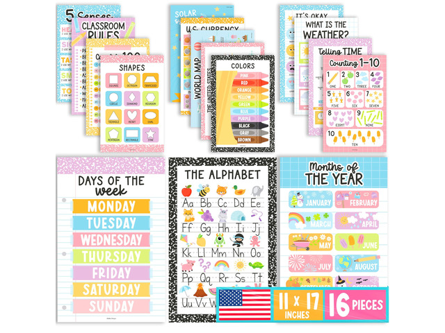 16 Laminated Toddler Learning Posters 1-3 for Preschool Classroom Decor Pastel Learning Posters for Toddlers 1-3, Homeschool Room Decor for Toddler...