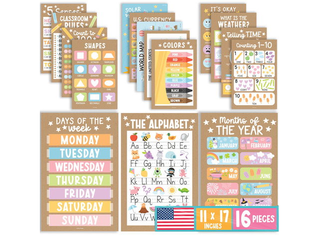 16 Laminated Toddler Learning Posters 1-3 for Preschool Classroom Decor Kraft Learning Posters for Toddlers 1-3, Homeschool Room Decor for Toddler...