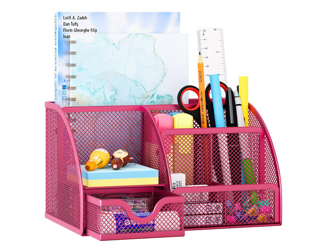 Mesh Desk Organizer with Drawer Multi-functional Pen Holder Stationery Organizer for Office School Supplies 6 Compartments Dorm Organizers and...