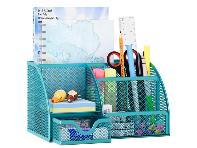 Mesh Desk Organizer with Drawer Multi-functional Pen Holder Stationery Organizer for Office School Supplies 6 Compartments Dorm Organizers and...