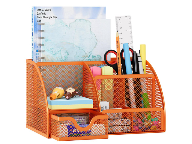 Mesh Desk Organizer with Drawer Multi-functional Pen Holder Stationery Organizer for Office School Supplies 6 Compartments Dorm Organizers and...