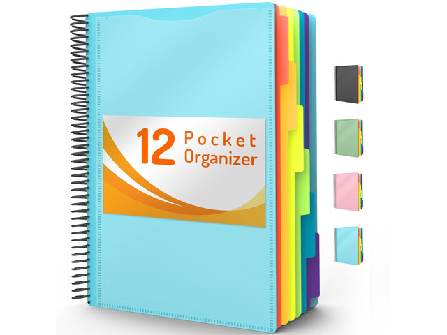 12 Pocket Project Organizer, 1/6-cut Tab Binder Organizer with Sticky Labels, Multi Pocket Folder with Zipper Pouch, Folder Binder Spiral Pocket...