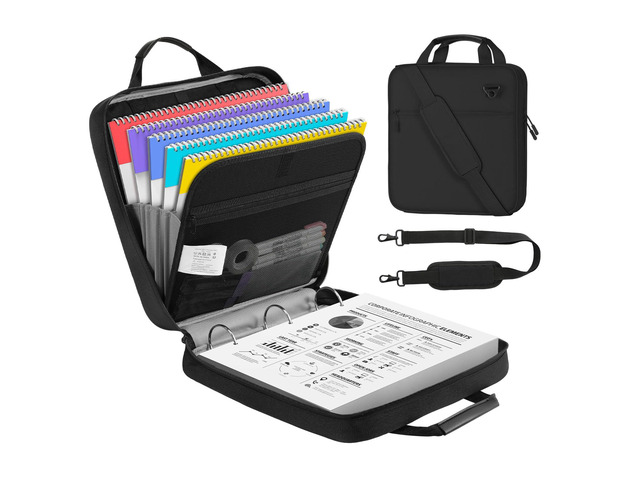 Zipper Binder, 2 Inch 3 O Ring, 5 Tab File Folders, 500 Sheets, Black Water-repellent 900D Oxford fabric with 5 folders, 2 mesh pocket, reinforced...