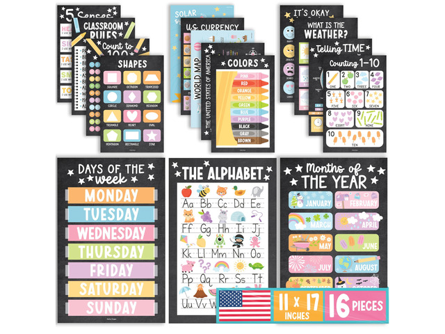 16 Laminated Toddler Learning Posters 1-3 for Preschool Classroom Decor Chalkboard Learning Posters for Toddlers 1-3,Homeschool Room Decor for...