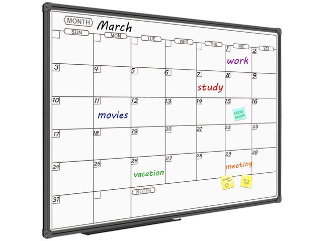 Dry Erase Calendar Whiteboard - Magnetic White Board Calendar Monthly 36 X 24 Inch, Black Aluminum Frame Wall Mounted Board for Office Home and School
