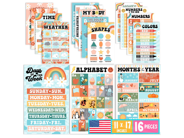 16 Laminated Toddler Learning Posters 1-3 for Preschool Classroom Decor Retro Learning Posters for Toddlers 1-3, Homeschool Room Decor for Toddler...