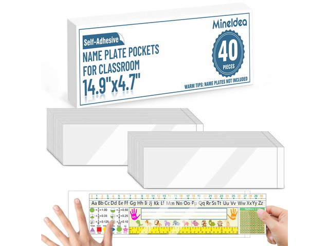 40 PCS Nameplate Pocket, 14.9' x 4.7' Adhesive Desk Name Tag Sleeves Easy Remove Nameplates Holder, Thicken Clear Scratch Proof Name Tag Pockets...