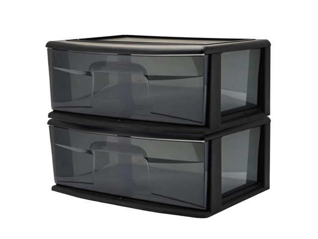 1 Drawer Storage Cart, Wide Plastic Container, Black Frame, 2 Pack 15' Wide Body Tote with Smoke Tint Drawer for Organizing Bathrooms, Bedrooms,...