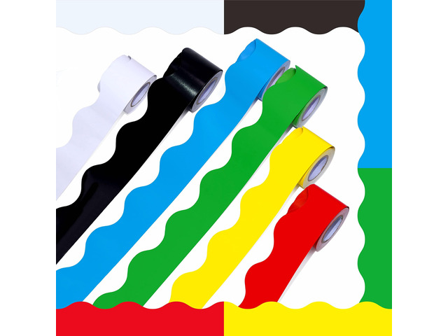 6 Rolls Bulletin Board Borders, 240Ft Scalloped Rolled Border Trim with Wavy Line Design Yellow, Green, Red, Blue, Black, White Decoration for...