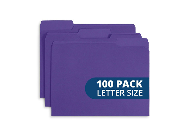 100 File Folders, Letter Size, 1/3 Cut Tab, Purple Durable 11pt Uncoated Paper, 1/3 Cut Top Tab, Assorted Tab Positions, for Office, School, and...