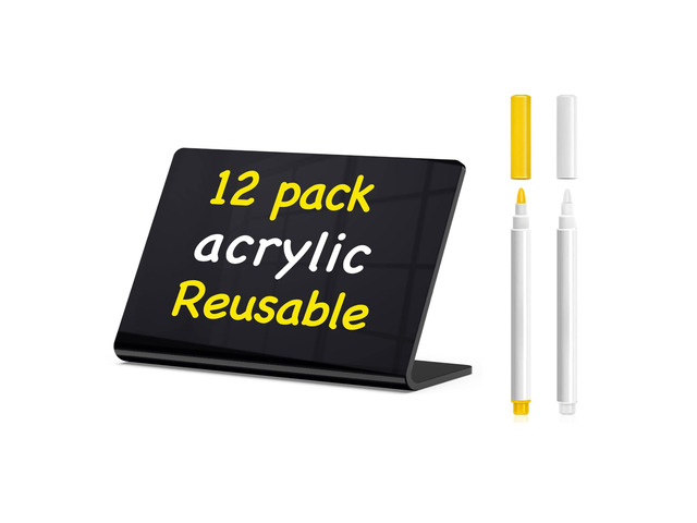 12 Pcs Acrylic Mini Chalkboard Signs, 4'x3' Food Labels Glossy Black Elegant Food Cards for Wedding, Table Signs, Place Cards, Include 2 Wet Erase...