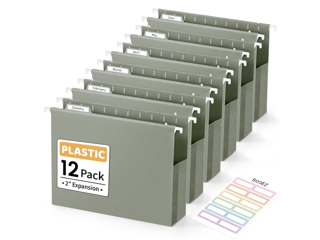 Extra Capacity Plastic Hanging File Folders, File Organizer 12 Counts Expanding File Folders Letter Size with 2' Expansion, 1/6-Cut Adjustable Tabs...