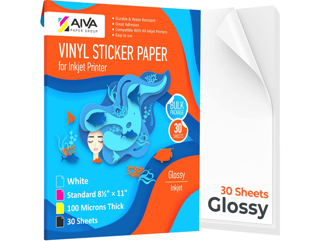 Printable Vinyl Sticker Paper - Waterproof Decal Paper for Inkjet Printer - 30 Self-Adhesive Sheets - Glossy White - Standard Letter Size 8.5'x11'