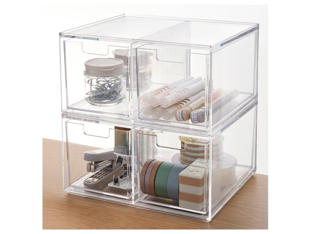 Stackable Desk Organizer drawers, Clear Pen Pencil Makeup Brush drawers for Desktops and Vanities, 4 Tall Drawers (Made in USA)