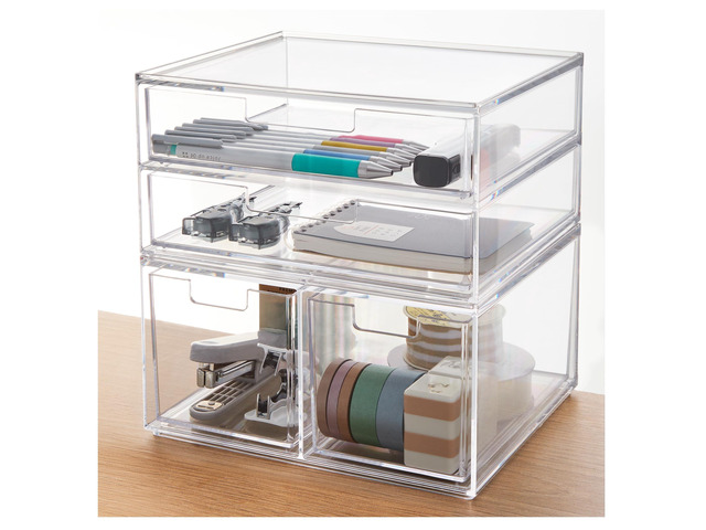 Stackable Desk Organizer Drawers, Clear Pen Pencil Makeup Brush Holder for Desktops and Vanities, 4 Multi-size Drawers (Made in USA)