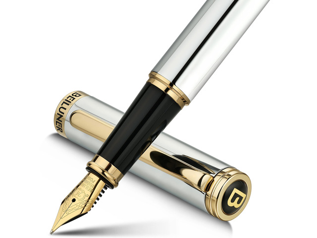 Silver Chrome Fountain Pen,Stunning Luxury with 24K Gold Accents, Gorgeous 24K Gilded Nib(Medium), Fancy Pen Gift for Men & Women -Ink...