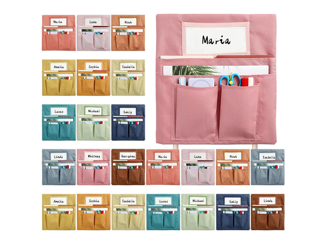 24 Pcs Small Chair Pockets for Classroom 13 x 14 Inch Bag with Name Tag Multi Pockets Chairsback Pouch Organizer for Student Kindergarten...