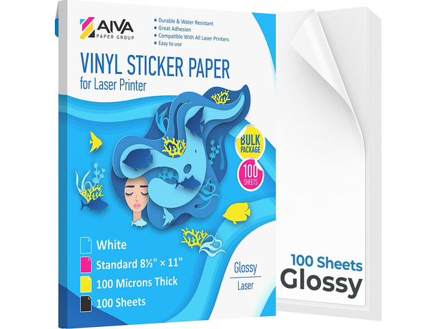 Printable Vinyl Sticker Paper for Laser Printer - Glossy White - 100 Self-Adhesive Sheets - Waterproof Decal Paper - Standard Letter Size 8.5'x11'