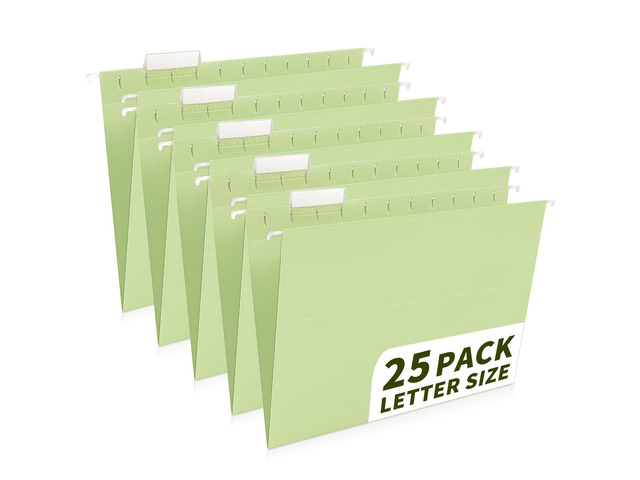 25-Pack Green Hanging File Folders, Letter Size (8.5' x 11') with 1/5-Cut Tabs,Includes 35 Transparent Label Cards & 50 Sticker Labels for Home &...