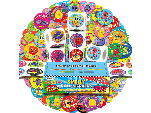 1200 Pcs Scented Stickers for Kids and Children, 6 Rolls Large Scratch and Sniff Reward Stickers, Smelly Motivational Incentive Stickers for...