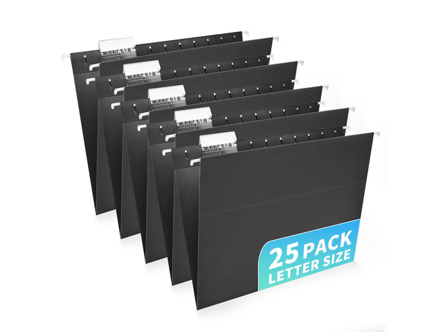 25-Pack Black Hanging File Folders, Letter Size (8.5' x 11Inch), Includes 35 Transparent Label Cards & 50 Sticker Labels,1/5-Cut Tabs for Home &...