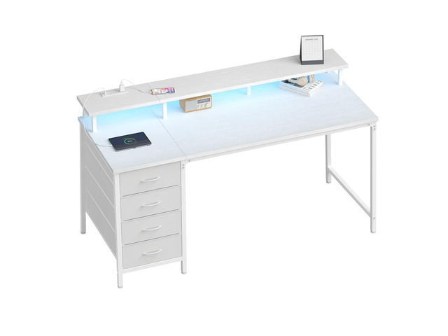 40-Inch Gaming Computer Desk with Drawers for Home Office, White Small Desk with Monitor Stand for Bedroom Study and Writing, PC Desk with Power...